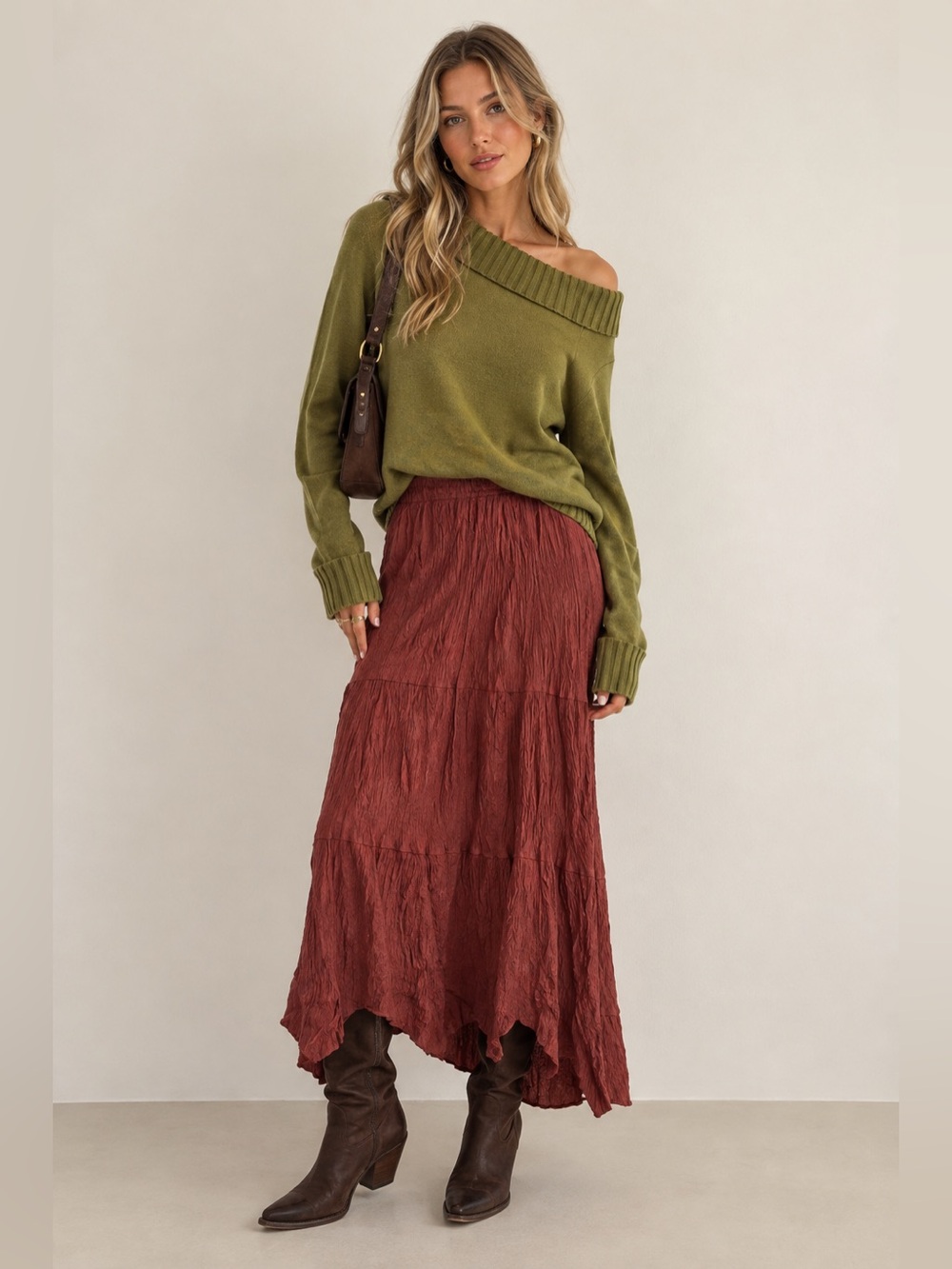 Altar'd State Rust Terracotta Tiered Crinkle Maxi Skirt Small